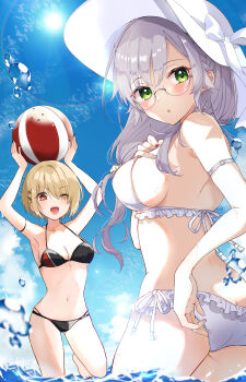 2girls :d ;d absurdres adjusting_clothes adjusting_swimsuit alternate_costume arm_strap arms_up ass bad_id bad_pixiv_id ball barefoot beachball beads bikini black_bikini black_nails blonde_hair blue_sky blush bow breasts character_print cleavage cowboy_shot day frilled_bikini frills from_behind glasses gluteal_fold green_eyes grey_hair hair_beads hair_ornament hair_over_one_eye hair_over_shoulder hairclip halterneck hand_on_own_chest hand_up hat hat_bow heaven_burns_red highres holding holding_ball holding_beachball izumi_yuki k_i49 kayamori_ruka large_breasts long_hair low-tied_long_hair medium_breasts multicolored_nails multiple_girls nail_polish narby_(heaven_burns_red) ocean one_eye_closed open_mouth outdoors parallel_hairclips pink_nails red_eyes red_nails round_eyewear short_hair side-tie_bikini_bottom sideboob sky smile standing standing_on_one_leg sun_hat swimsuit teeth upper_teeth_only volleyball_(sport) wading water_drop white_bikini white_bow white_hat
