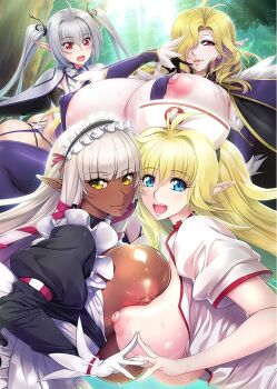 ahoge aoi_nagisa_(metalder) blonde_hair blue_eyes breast_press breasts dark_elf elf evelyn_celebrian forest grey_hair hat highres hime_cut huge_breasts large_areolae long_hair lucie_menelumia lucy_menelumia maid maid_headdress misery_stentrem nature nipple_slip nipples nurse nurse_cap open_clothes phyllis_hagerhelm pointy_ears red_eyes revealing_clothes smile symmetrical_docking take_your_pick twintails wavy_hair yellow_eyes youkoso!_sukebe_elf_no_mori_e