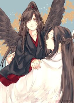 2boys aki_uzuzame black_hair black_hanfu black_wings blue_background brown_hair chinese_clothes closed_mouth commentary_request couple feathered_wings floral_background flower hand_on_another&#039;s_shoulder hanfu headband high_ponytail hug lan_wangji light_smile long_hair long_sleeves looking_at_viewer looking_back male_focus modao_zushi multiple_boys pointy_ears ponytail purple_eyes robe sidelocks smile topknot twitter_username very_long_hair wei_wuxian white_hanfu white_headband white_wings wide_sleeves wings xiao_guan_(headdress) yaoi yellow_eyes yellow_flower