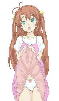 Rule 34 | 1girl, :o, antenna hair, bad id, bad pixiv id, blush, bow, bow panties, brown hair, bu  dai, clothes lift, collarbone, dot nose, dress, dress lift, eyebrows, feet out of frame, female focus, green eyes, hair bobbles, hair ornament, head tilt, highres, koshigaya komari, lifting own clothes, long hair, looking at viewer, non non biyori, open mouth, panties, pink dress, shirt, short sleeves, shshs budai, simple background, sketch, skirt, skirt lift, solo, standing, tearing up, teeth, twintails, two side up, underwear, upper body, very long hair, white background, white panties, white shirt