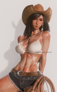 1girl 3d arms_behind_back belt belt_buckle black_hair blush bra breasts buckle commentary cowboy_hat cowboy_shot denim denim_shorts earrings english_commentary feather_earrings feathers final_fantasy final_fantasy_vii final_fantasy_vii_rebirth final_fantasy_vii_remake frayed_shorts hat highres jewelry lasso long_hair looking_at_viewer medium_breasts midriff narrow_waist navel o-ring o-ring_top red_eyes ria_(baka-neearts) shadow short_shorts shorts simple_background solo tan tanline tifa_lockhart toned toned_female underwear white_background white_bra