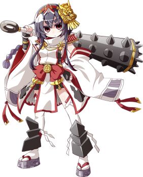 &gt;:| 1girl :| akaneya black_hair braid breasts closed_mouth club club_(weapon) detached_sleeves female_focus full_body hand_on_own_hip holding holding_weapon kanabou kozukata_(oshiro_project) looking_at_viewer miniskirt official_art oshiro_project:re pleated_skirt red_eyes sandals skirt solo thick_eyebrows thighhighs transparent_background v-shaped_eyebrows weapon