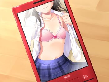 Rule 34 | 1girl, :3, black hair, blue skirt, blush, bow, bow bra, bra, breasts, cellphone, closed mouth, collarbone, collared shirt, dress shirt, frills, game cg, hazuki riko, head out of frame, highres, long hair, long sleeves, mebae (game), navel, nonohara miki, open clothes, open shirt, phone, pink bra, plaid clothes, plaid skirt, pleated skirt, school uniform, selfie, shirt, skirt, small breasts, smile, solo, underwear, white shirt, wooden floor