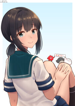 1girl abyssal_ship artist_self-insert black_hair black_socks blue_background blue_sailor_collar blue_skirt enemy_lifebuoy_(kancolle) feet_out_of_frame from_behind fubuki_(kancolle) gradient_background green_eyes highres i-class_destroyer kantai_collection kuchiku_i-kyuu low_ponytail medium_hair one-hour_drawing_challenge ponytail sailor_collar sailor_shirt school_uniform serafuku shiromaru_(maniado) shirt sidelocks skirt smile socks white_shirt