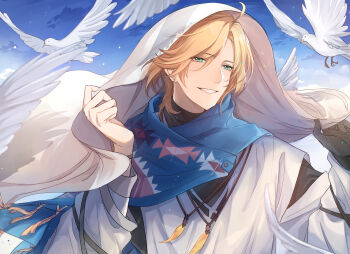 1boy agavcccxieak ahoge aqua_eyes bird black_gloves blonde_hair blue_cloak chinese_commentary cloak commentary_request day dove feather_necklace gloves grin hands_up happy highres jewelry lars_rorschach lars_rorschach_(eden) layered_shirt light_blush light_particles long_sleeves looking_at_viewer lovebrush_chronicles male_focus necklace shirt short_hair single_glove smile solo swept_bangs tassel turtleneck turtleneck_shirt undershirt upper_body veil white_shirt white_veil