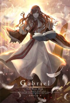 1boy book character_name closed_mouth commentary_request dated feathers gabriel_(star_ocean) holding holding_book kom_(water0371) looking_at_viewer male_focus movie_poster_(medium) pointy_ears red_hair robe solo star_ocean star_ocean:_the_second_story