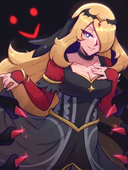 1girl black_background black_dress blonde_hair breasts cleavage cowboy_shot cynthia_(pokemon) cynthia_(sygna_suit)_(renegade)_(pokemon) dress gen_4_pokemon giratina hair_over_one_eye highres legendary_pokemon long_hair lunatuneflowers medium_breasts nintendo pokemon pokemon_(creature) pokemon_masters_ex purple_eyes simple_background smile solo_focus