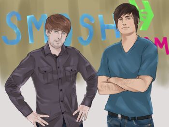 2015 2boys anthony_padilla black_hair blue_eyes bowl brown_eyes brown_hair crossed_arms english_text grey_shirt ian_hecox kanagiri logo male_focus multiple_boys real_life shirt smirk smosh spiked_hair youtube