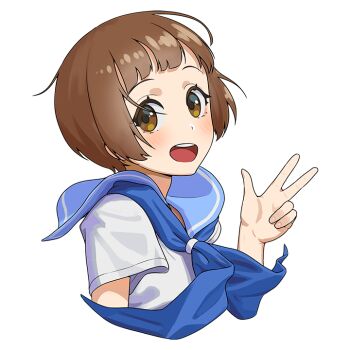 1girl blue_neckerchief blue_sailor_collar brown_eyes brown_hair carlo_montie commission cropped_torso hashtag-only_commentary kill_la_kill looking_at_viewer mankanshoku_mako neckerchief open_mouth sailor_collar school_uniform serafuku shirt short_hair simple_background solo teeth upper_teeth_only w white_background white_shirt