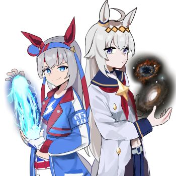 2girls ahoge animal_ears blue_eyes blue_jacket commentary ear_covers electricity expressionless galaxy grey_hair hair_ornament highres horse_ears horse_girl jacket lightning_bolt_symbol long_hair looking_at_viewer midriff_peek multiple_girls navel oguri_cap_(starlight_beat)_(umamusume) oguri_cap_(umamusume) parody remise simple_background smile star_(sky) symbol-only_commentary tamamo_cross_(umamusume) tamamo_cross_(with_lightning_speed)_(umamusume) umamusume white_background