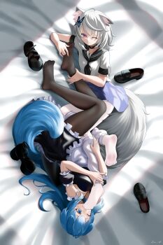 2girls absurdres animal_ear_fluff animal_ears black_pantyhose blue_eyes blue_hair cat_ears cat_girl cat_tail character_request copyright_request feet fuse_tail grey_hair highres j.c.14 multiple_girls one_eye_closed pantyhose red_eyes soles tail tickling tickling_feet toes white_pantyhose yuri