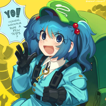 1girl bag black_gloves blue_eyes blue_hair boa_(brianoa) commentary english_commentary english_text gloves green_hat hat highres jewelry kawashiro_nitori key key_necklace long_sleeves looking_at_viewer necklace open_mouth puffy_long_sleeves puffy_sleeves smile solo speech_bubble touhou two_side_up upper_body yellow_background