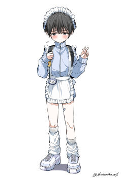1boy absurdres apron bandaid bandaid_on_leg black_hair closed_mouth crime_prevention_buzzer crossdressing crossdressing_(mtf) embarrassed frilled_apron frills full_body hand_up high_collar highres holding_strap jacket jersey_maid long_sleeves loose_socks maid maid_headdress male_focus male_maid original shoes shota simple_background sleeves_past_wrists sneakers socks solo standing track_jacket unconventional_maid v waist_apron white_apron white_background white_shoes white_socks xkasumikazex