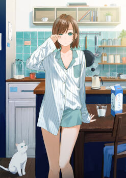 1girl absurdres aqua_eyes arm_support bare_legs bob_cut book bottle brown_hair cat chair coffee_pot collarbone commentary_request cup cupboard drink_carton female_focus frying_pan glass highres indoors jar kitchen ladle lid light_rays long_sleeves milk milk_carton morning original pajamas parted_lips partially_unbuttoned plant plate potted_plant rubbing_eyes sako_(35s_00) shirt short_hair short_shorts shorts sleepy sleeves_past_wrists solo sticky_note sunbeam sunlight swept_bangs table untucked_shirt white_cat