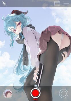 1girl ahoge alternate_costume ass bad_id bad_pixiv_id black_pantyhose black_scarf black_thighhighs blue_hair blue_nails blue_sky blush camera cellphone cloud cloudy_sky from_below ganyu_(genshin_impact) genshin_impact haku89 highres horns long_hair looking_at_viewer nail_polish panties pantyhose pantyshot phone purple_eyes scarf skirt sky solo standing sweater thighhighs thighs underwear user_interface white_background white_panties