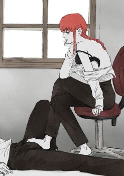 1boy 1girl absurdres barefoot braid braided_ponytail breasts bulge chainsaw_man chair crossed_legs erection erection_under_clothes feet footjob footjob_over_clothes from_side head_rest hetero highres makima_(chainsaw_man) medium_breasts office_chair red_hair senaka_look single_braid swivel_chair undone_bra window yellow_eyes