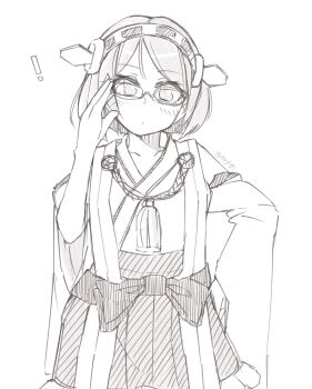 Rule 34 | 1girl, adjusting eyewear, commentary, cowboy shot, detached sleeves, glasses, greyscale, hand on own hip, headgear, highres, kantai collection, kirishima (kancolle), looking at viewer, monochrome, nontraditional miko, pleated skirt, short hair, skirt, solo, untranslatable commentary, tatahai