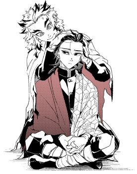 Rule 34 | 2boys, belt, buttons, closed mouth, commentary request, demon slayer uniform, empty eyes, fingernails, full body, greyscale, hair between eyes, haori, high collar, jacket, japanese clothes, kikkoumon, kimetsu no yaiba, long hair, low ponytail, male focus, monochrome, multicolored hair, multiple boys, nstnsia frisk, pants, partially colored, ponytail, print haori, rengoku kyoujurou, sitting, smile, spiked hair, tomioka giyuu, two-tone hair, white background