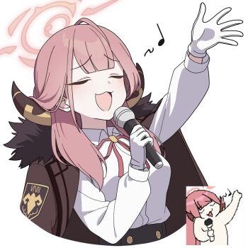 1girl :3 absurdres aru_(blue_archive) black_skirt blue_archive blush breasts brown_coat brown_horns closed_eyes coat coat_on_shoulders collared_shirt commentary cropped_torso demon_horns double-parted_bangs fur-trimmed_coat fur_trim gloves halo high-waist_skirt highres holding holding_microphone horns large_breasts long_hair long_sleeves microphone music musical_note neck_ribbon open_hand open_mouth outstretched_hand puffy_long_sleeves puffy_sleeves quarter_note red_hair red_halo red_ribbon reference_inset ribbon shirt simple_background singing skirt solo vector_(dmlddmld00) white_background white_gloves white_shirt