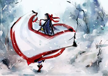 1girl ainu_clothes arm_up ass blue_hair cloak closed_eyes feet from_behind hair_ribbon highres legs long_hair nakoruru pants ribbon samurai_spirits smile snk snowing solo the_king_of_fighters thighs tiptoes winter