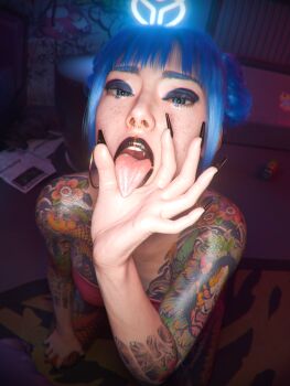 1girl 3d absurdres black_lips black_nails blue_eyes blue_hair checkpik cheri_nowlin cyberpunk_(series) cyberpunk_2077 fellatio_gesture fingernails full-body_tattoo highres indoors long_fingernails looking_at_viewer open_mouth oral_invitation solo tattoo tongue tongue_out