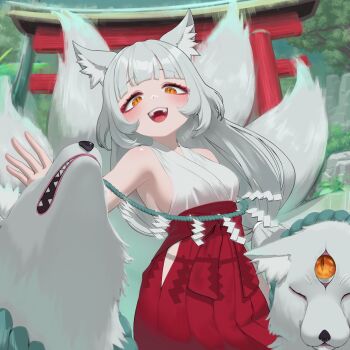 1girl absurdres animal_ear_fluff animal_ears breasts brown_eyes closed_eyes eyebrows_hidden_by_hair fox fox_ears fox_girl fox_tail hakama highres japanese_clothes kitsune kyuubi long_hair looking_at_viewer medium_breasts miko muka01 multiple_tails open_mouth original red_hakama sharp_teeth slit_pupils smile solo tail teeth third_eye torii upper_teeth_only white_hair