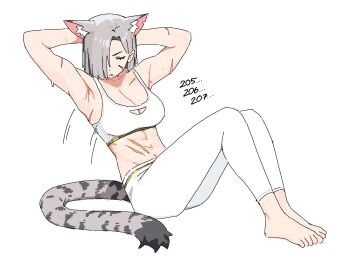 1girl abs animal_ears armpits barefoot bra breasts capri_pants cat_ears cat_girl cat_tail crunches exercising go!_go!_gris! grey_hair hair_over_one_eye highres medium_breasts medium_hair muscular muscular_female pants scar shirt silvana_(go!_go!_gris!) simple_background sit-up sports_bra sweat tail underwear vertigris white_background white_bra white_pants