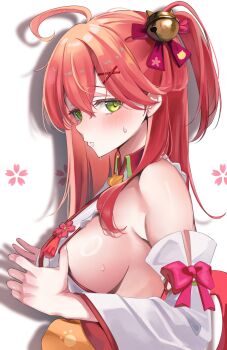 1girl absurdres ahoge arm_bow armpit_crease bare_shoulders bell blush bow breasts cat_hair_ornament cat_ornament clothes_lift collared_shirt commentary detached_sleeves hair_bell hair_between_eyes hair_ornament hair_ribbon hairclip highres hololive jingle_bell large_breasts lifting_own_clothes long_hair long_sleeves looking_at_viewer nekoi_(nekoi_0116) nontraditional_miko nose one_side_up orange_sash parted_lips paw_print pink_bow pink_hair pink_lips pink_ribbon ribbon sakura_miko sakura_miko_(1st_costume) shadow shiny_skin shirt shirt_lift sideboob simple_background sleeveless sleeveless_shirt solo sweat tassel upper_body virtual_youtuber white_background white_shirt white_sleeves wide_sleeves