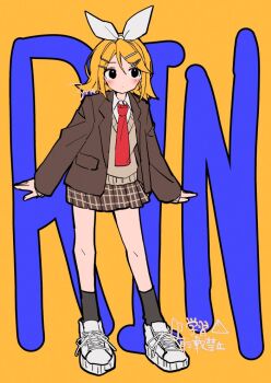 1girl 3774. black_eyes blazer blonde_hair bow character_name collared_shirt commentary full_body hair_bow hair_ornament hairclip jacket kagamine_rin long_sleeves looking_to_the_side necktie open_clothes open_jacket plaid_clothes plaid_skirt pleated_skirt school_uniform shirt shoes short_hair skirt sneakers socks solo square-end_necktie sweater symbol-only_commentary vocaloid yellow_background