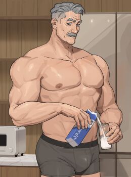 1boy bara bulge cup drink_carton facial_hair grey_eyes grey_hair grey_male_underwear highres holding holding_cup holding_milk_carton indoors jewelry kitchen looking_at_viewer male_focus male_underwear mature_male microwave milk_carton muscular muscular_male mustache nipples old old_man original refrigerator ring sa1k0p short_hair solo topless_male underwear wedding_ring