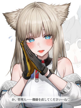 2girls absurdres animal_ears arknights arknights:_endfield bare_shoulders bird_ears bird_girl black_gloves blue_eyes blush breasts chen_qianyu_(arknights) commentary_request dress flying_sweatdrops gloves grey_hair highres jacket long_hair long_sleeves looking_at_viewer multiple_girls off_shoulder open_clothes open_jacket open_mouth own_hands_together partial_commentary perlica_(arknights) simple_background small_breasts tab_head translation_request two-sided_gloves upper_body white_background white_dress white_jacket yellow_gloves