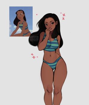 1girl aqua_bikini artist_name bikini black_hair blue_bikini breasts brown_eyes dark-skinned_female dark_skin grey_background highres lilo_&amp;_stitch long_hair madyaxx medium_breasts multicolored_bikini nani_pelekai navel reference_inset simple_background solo striped_bikini striped_clothes swimsuit two-tone_bikini
