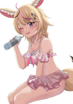 1girl absurdres ahoge animal_ear_fluff animal_ears bikini black_streaks blonde_hair blush bottle breasts cleavage collarbone commentary cowboy_shot fox_ears fox_girl fox_tail from_side hair_ornament hairclip heart heart_print highres holding holding_bottle hololive invisible_chair long_hair looking_at_viewer medium_breasts multicolored_hair omaru_polka one_eye_closed open_mouth pink_bikini pink_streaks print_bikini purple_eyes ramkilog ruffle_bikini simple_background sitting smile solo streaked_hair swimsuit tail virtual_youtuber water_bottle white_background x_hair_ornament