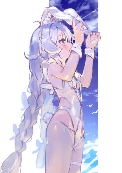 1girl absurdres animal_ears azur_lane blue_eyes braid cloud commentary highres le_malin_(azur_lane) le_malin_(listless_lapin)_(azur_lane) leotard looking_afar pantyhose rabbit_ears rabbit_tail revealing_clothes simple_background simple_bird tail thigh_strap twin_braids white_hair white_pantyhose wrist_cuffs yu_hydra