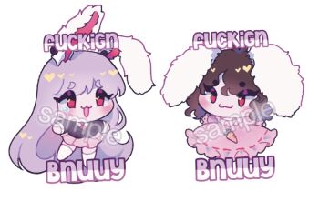 2girls :3 animal_ears black_jacket blazer blush bnuuy_(meme) brown_hair carrot_necklace chibi chibi_only closed_mouth commentary dreamysuite dress english_commentary english_text floppy_ears full_body inaba_tewi jacket jewelry long_hair looking_at_viewer meme multiple_girls necklace necktie open_mouth pink_dress pink_skirt pleated_skirt purple_hair rabbit_ears rabbit_girl red_eyes red_necktie reisen_udongein_inaba ribbon-trimmed_dress ribbon_trim sample_watermark short_hair simple_background skirt smile touhou very_long_hair watermark wavy_hair white_background