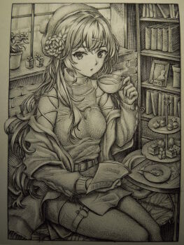 1girl belt book bookshelf brick_wall cafe cat_thigh_strap clothing_cutout commentary_request cross-laced_clothes cross-laced_cutout cross-laced_sleeves cup dress engraving_(medium) feet_out_of_frame food hat hatching_(texture) highres holding holding_book holding_cup indoors jacket jacket_partially_removed layered_clothes lineart long_hair looking_at_viewer mo_engraving open_clothes original perspective plant plate pom_pom_hat_ornament potted_plant restaurant short_dress sitting spoon steaming_cup sweets table tam_o'_shanter tea teacup thigh_strap tiered_tray traditional_media turtleneck turtleneck_dress window