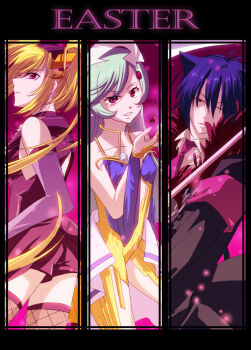 Rule 34 | animal ears, black background, black jacket, black lynx, black shirt, black shorts, blonde hair, cat boy, cat ears, dark jewel, dream dream, dress, fishnet thighhighs, fishnets, gloves, grey gloves, grey hair, hoshina utau, jacket, long hair, lulu de morcerf, nibaji, purple background, purple eyes, purple hair, shirt, short hair, shorts, shugo chara!, thighhighs, tsukiyomi ikuto