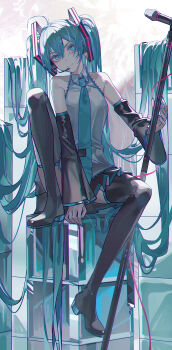 1girl absurdres ahoge aqua_eyes aqua_hair aqua_necktie aqua_trim arm_tattoo armpit_crease black_skirt blush breasts closed_mouth collared_shirt commentary_request detached_sleeves grey_shirt hair_between_eyes hair_ornament hatsune_miku highres holding holding_microphone_stand long_hair long_sleeves looking_at_viewer medium_breasts microphone microphone_stand miniskirt necktie pleated_skirt rong_kui_baku shirt sitting skirt sleeveless sleeveless_shirt smile solo tattoo twintails very_long_hair vocaloid wide_sleeves