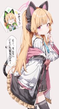 2girls alternate_hair_length_(longer) animal_ear_headphones animal_ears black_thighhighs blank_eyes blonde_hair blue_archive blue_necktie bow cat_ear_headphones cat_ears commentary_request fake_animal_ears fake_tail from_side green_bow green_halo hair_bow halo headphones highres long_hair long_sleeves looking_at_viewer low-tied_sidelocks midori_(blue_archive) momoi_(blue_archive) multiple_girls necktie pink_bow pink_halo sabana shirt siblings sidelocks sisters speech_bubble tail thighhighs translation_request twins white_shirt