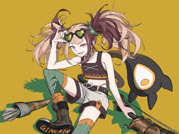 1girl adapted_costume adjusting_eyewear arm_up arrow_(projectile) belt black_tail blonde_hair blunt_bangs boots bow_(weapon) brown_belt brown_boots brown_hair character_name collar commentary english_commentary eyewear_on_head fang gigi_murin gigi_murin_(chatacabra) green-tinted_eyewear green_collar green_thighhighs grey_shorts heart heart-shaped_eyewear highres holding holding_weapon hololive hololive_english knee_up looking_at_viewer midriff monster_hunter_(series) monster_hunter_wilds multicolored_hair nail_polish navel official_alternate_costume official_alternate_hairstyle open_mouth orange_nails orange_panties panties pink_eyes quiver ron_melon shadow shorts sidelocks sitting smile socks solo spiked_collar spiked_hair_ornament spikes thighhighs tinted_eyewear twintails two-tone_hair underwear weapon yellow_background yellow_socks