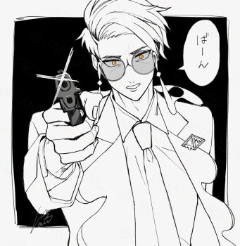 Rule 34 | 1boy, aiming, aiming at viewer, bani (vani pikapika), collared shirt, commentary, corbeau (pokemon), curtained hair, fingernails, gun, hand up, highres, holding, holding gun, holding weapon, jacket, looking at another, male focus, monochrome, necktie, nintendo, open clothes, open jacket, orange eyes, outstretched arm, parted hair, pokemon, pokemon legends: z-a, red necktie, round eyewear, shirt, short hair, signature, solo, speech bubble, upper body, weapon, wing collar