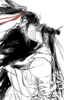 Rule 34 | 2boys, ahoge, aki uzuzame, bishounen, black hair, chinese clothes, closed mouth, commentary request, couple, eye contact, face-to-face, floating hair, flower, from side, greyscale, hair ribbon, hanfu, headband, high ponytail, highres, hug, imminent kiss, lan wangji, leaf, light particles, long hair, looking at another, male focus, modao zushi, monochrome, multiple boys, ponytail, profile, red ribbon, ribbon, robe, sidelocks, sitting, spot color, topknot, twitter username, very long hair, wei wuxian, white background, wide sleeves, xiao guan (headdress), yaoi