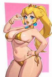Rule 34 | 1girl, absurdres, bikini, blonde hair, blue eyes, breasts, cleavage, crown, earrings, gold bikini, gold lips, highres, jewelry, large breasts, lipstick, long hair, looking at viewer, makeup, mario (series), navel, nintendo, open mouth, ponytail, princess peach, riz, shiny swimsuit, simple background, smile, solo, swimsuit, tagme