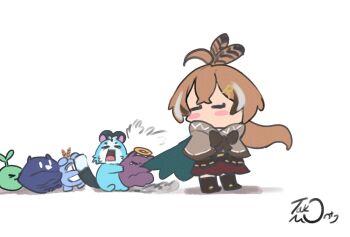 Rule 34 | > <, 1girl, ahoge, black hair, blush stickers, brown cloak, brown hair, brown skirt, chattino (raora panthera), cloak, closed eyes, commentary, english commentary, feather hair ornament, feathers, hair ornament, halo, hololive, hololive english, jailbird (nerissa ravencroft), kronie (ouro kronii), long hair, multicolored hair, nanashi mumei, nanashi mumei (1st costume), open mouth, sapling (ceres fauna), simple background, skirt, streaked hair, takodachi (ninomae ina'nis), takomonty, virtual youtuber, white background, white hair, yellow halo