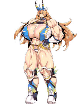 1girl abs absurdres bare_shoulders barghest_(fate) barghest_(swimsuit_archer)_(third_ascension)_(fate) biceps blonde_hair blush boots breasts cleavage closed_eyes commentary elbow_gloves english_commentary fate/grand_order fate_(series) fingerless_gloves full_body gloves highres horns huge_breasts long_hair minew muscular muscular_female navel slingshot_swimsuit smile solo swimsuit thick_thighs thighs