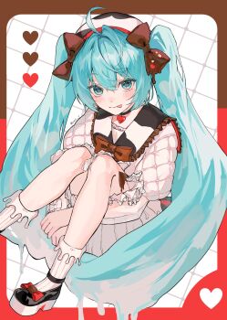 1girl :p ahoge animal_print aqua_eyes aqua_hair artist_name back_bow beret black_bow black_choker black_shoes blush border bow brown_border brown_bow chocolate chocolate_on_body chocolate_on_legs choker closed_mouth commentary cow_print dot_nose double-parted_bangs dress food food-themed_hair food-themed_hair_ornament food_on_body foot_out_of_frame footwear_bow frills from_above gradient_hair grid_background hair_between_eyes hair_bow hair_ornament hat hatsune_miku heart heart_choker highres hugging_own_legs kneehighs long_hair long_sleeves looking_at_viewer low_block_heels multicolored_border multicolored_bow multicolored_hair oeoi_t official_alternate_costume official_alternate_hairstyle on_floor outside_border puffy_sleeves red_border red_bow red_trim rounded_corners see-through_clothes see-through_sleeves shoes sidelocks sitting socks solo swept_bangs tirol_chocolate tongue tongue_out twintails twitter_username two-tone_hair very_long_hair vocaloid white_dress white_hair white_socks