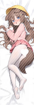 1girl absurdres animal_ears ass azur_lane blue_eyes blush brown_hair censored crescent crescent_hair_ornament dakimakura_(medium) dog_ears dog_girl dog_tail feet full_body fumizuki_(azur_lane) hair_ornament hairclip hat heart heart_censor highres kaguya_white_rabbit kindergarten_uniform kneepits legs loli long_hair lying no_panties no_shoes on_side open_mouth pantyhose pink_shirt pink_skirt pleated_skirt ribbon school_hat shirt skirt soles solo tail thighs toes tongue tongue_out torn_clothes torn_pantyhose white_pantyhose white_ribbon yellow_hat