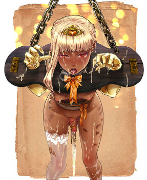 1boy aftersex amatake_akewo bdsm bite_mark blonde_hair body_writing bondage bound bound_wrists bow chain crying cum cum_in_mouth cum_on_body cum_on_clothes cum_on_hair cum_on_lower_body cum_on_tongue cumdrip facial gloves highres majo_gari_no_parade nipples open_mouth orange_bow original penis pillory public_use puffy_male_chest rape red_eyes sex_toy tally thighhighs tiara tied_penis torn_clothes torn_thighhighs trap uncensored urethral_beads urethral_insertion white_thighhighs yaoi yellow_gloves