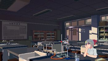 1girl animated animated_gif beaker blinking bow ceiling chemistry classroom collared_shirt dithering faucet flask grey_hair hair_bow head_rest indoors kuuchuu_roukaku looping_animation original periodic_table pixel_art ponytail purple_eyes red_bow round-bottom_flask shirt short_sleeves sink solo white_shirt window_shadow