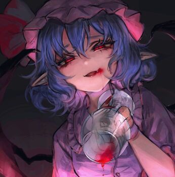 1girl bat_wings blood blood_in_cup blood_in_mouth blood_trail blue_hair commentary_request cup dress drinking_glass fang fingernails hair_between_eyes hat highres holding holding_cup kyogoku-uru long_fingernails looking_at_viewer mob_cap nail_polish parted_lips pink_dress pointy_ears red_eyes red_nails remilia_scarlet short_sleeves smile solo touhou upper_body vampire wine_glass wings